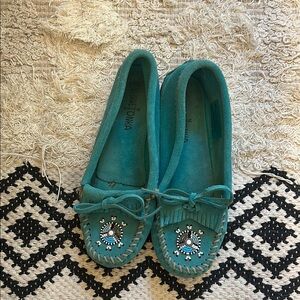 Minnetonka Blue Moccasins Soft Suede Slip-On